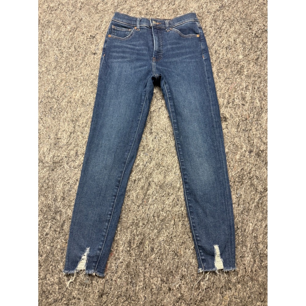 Express Skinny High Rise Jeans Dark Wash Raw Hem Distressed Ankle 4/S‎ 007190323
